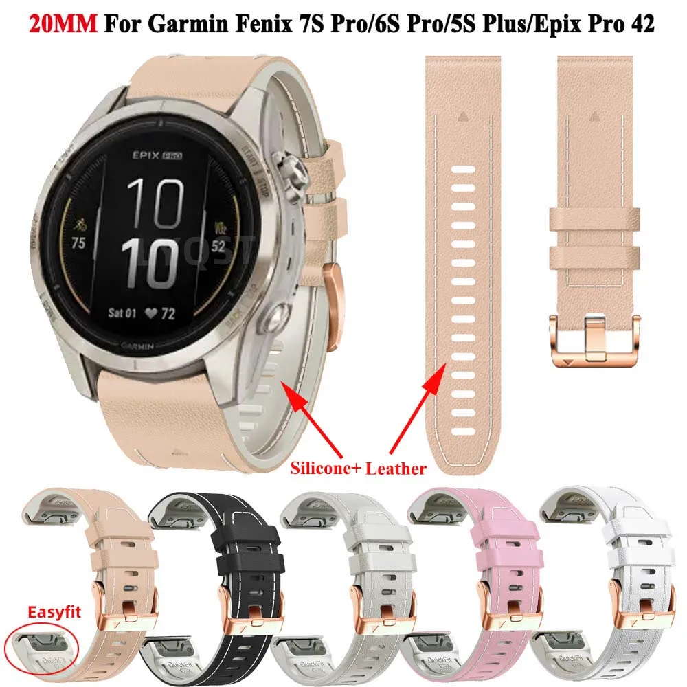 For Garmin Epix Pro 42mm Fenix 7S Pro Watchband Strap Bracelet Woman Quickfit 20mm Silicone+Leather Wirstband For Fenix 8 6s 5s