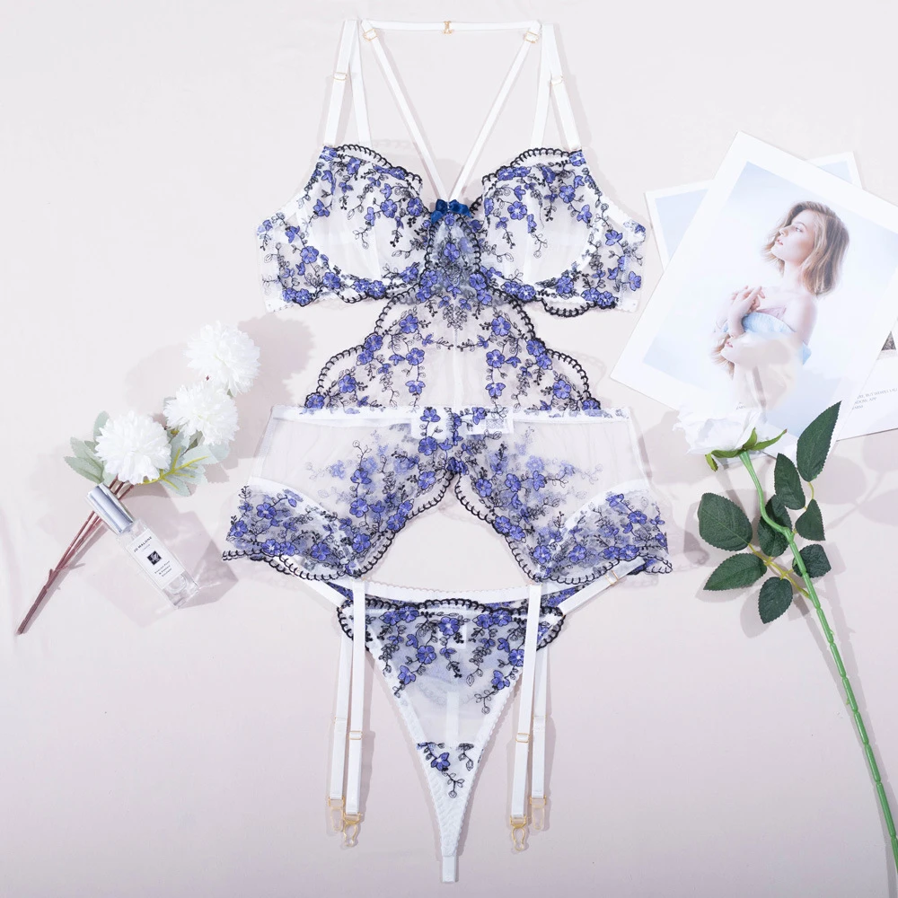 

High-end mesh see-through sexy lace embroidered lingerie set beautiful floral underwire gathered bra erotic lingerie shapewear