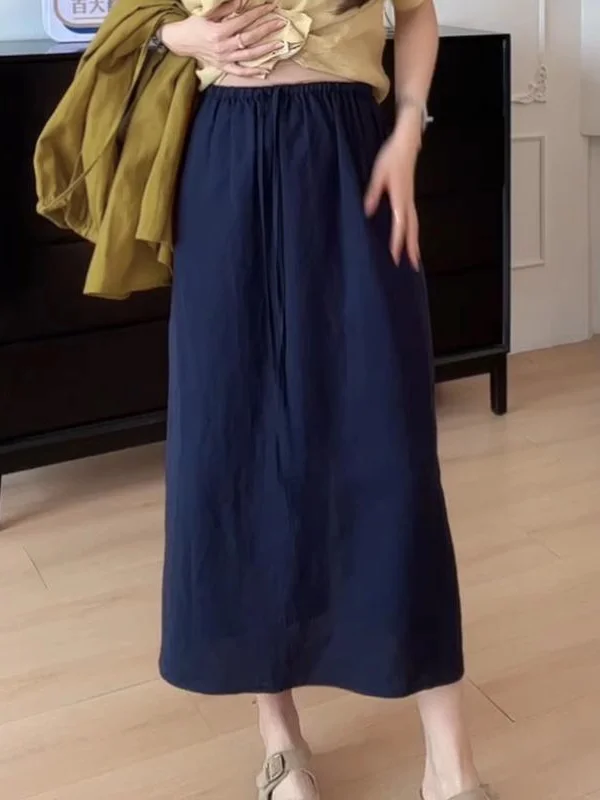 

Casual Linen Belted Midi Skirt Large Size Elastic Waist Slimming Straight Cut Summer Faion Women's Skirts Commute Sle