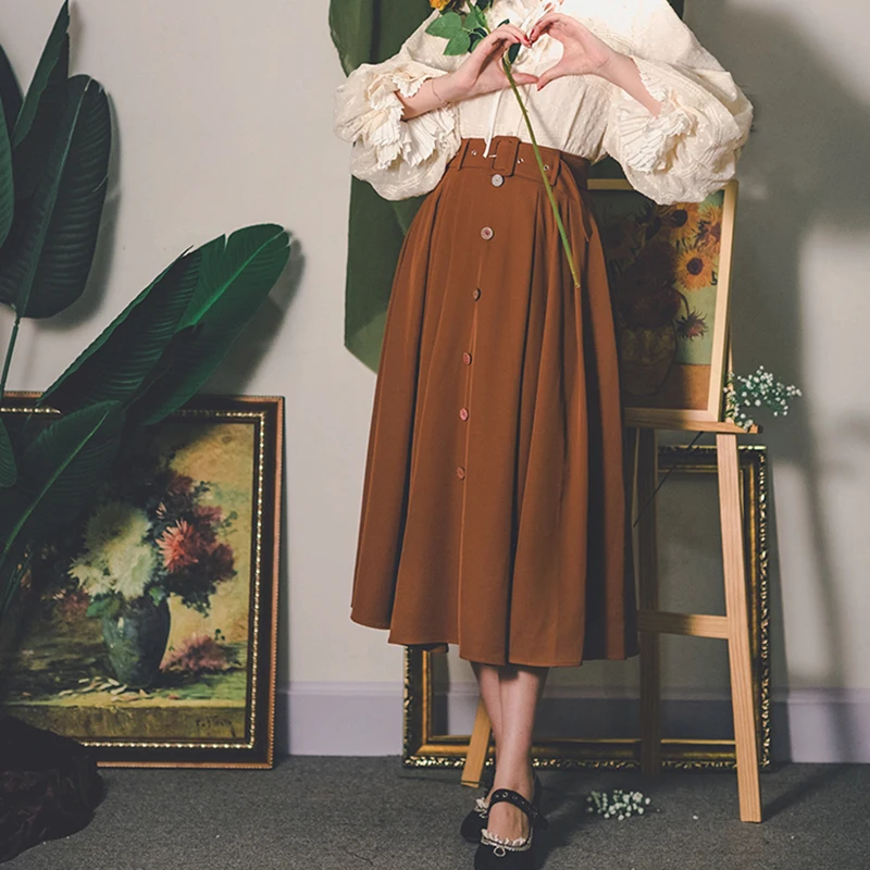 Falda drapeada de cintura alta para mujer, falda acampanada, elegante, Vintage, monocromática, británica, romántica, con botones, primavera y otoño