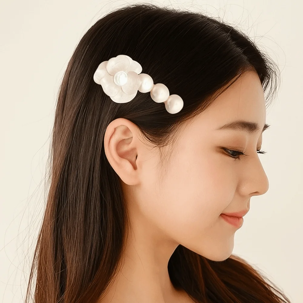 Lovely Korean Style Camellia Pearl Side Clip Sweet Acetate Flower Hair Clip Barrette Elegant Duckbill Clip Girls/lady