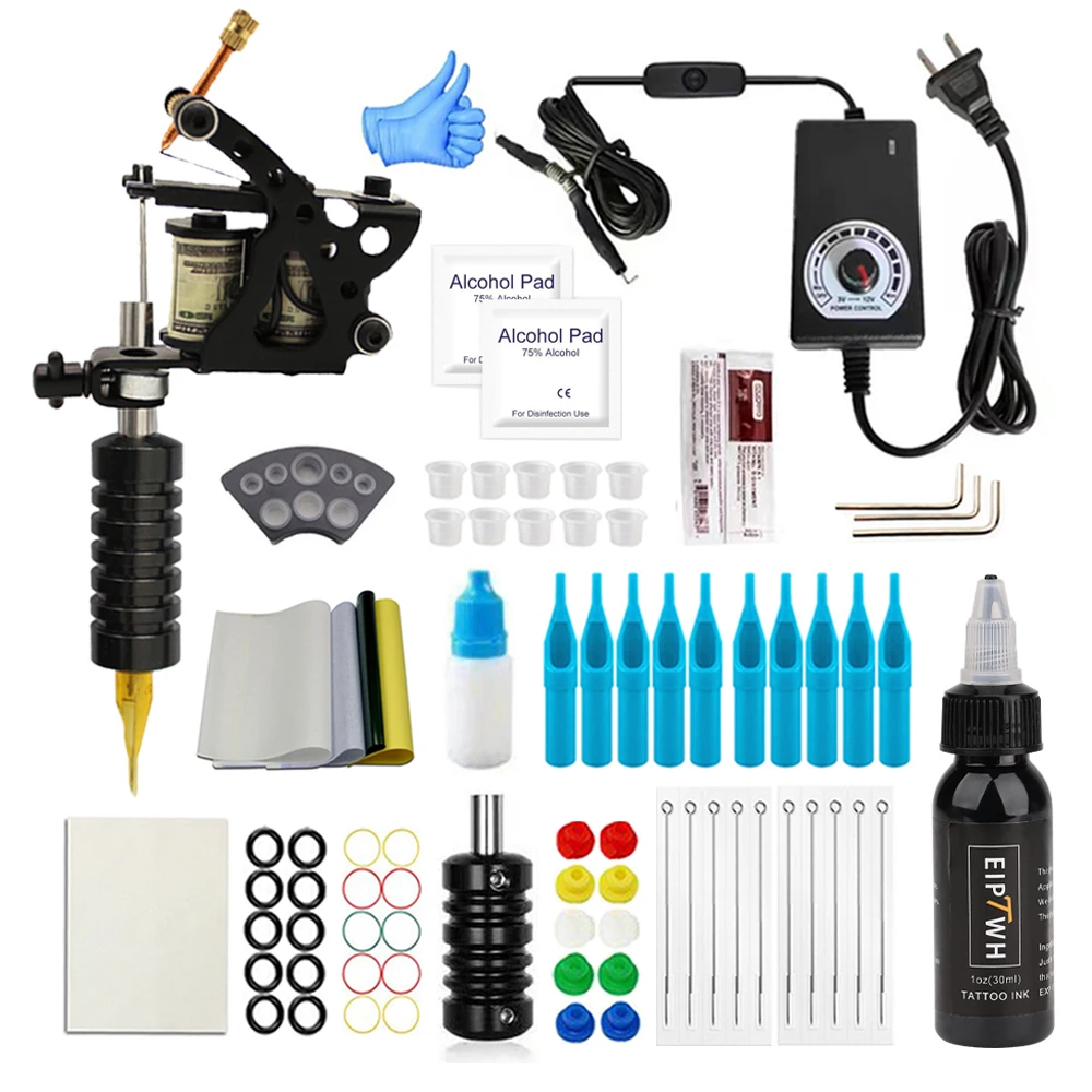 Student Practice Kit with Complete Tattoo Accessories Self Study Small Tattoo/Flower Arm Tattoo Coil Machine