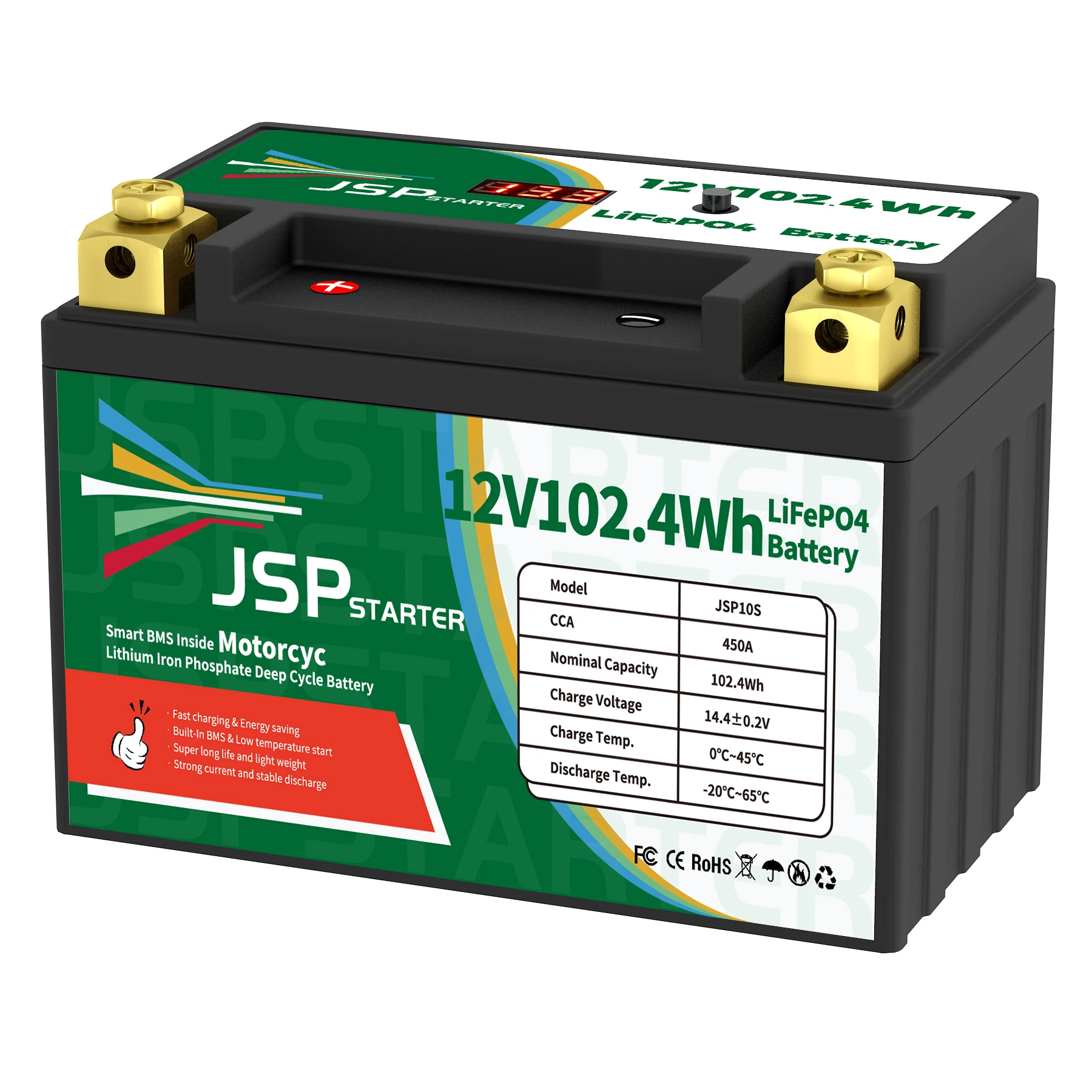 오토바이 시작 배터리, 리튬 다리미 인산염 스쿠터, LiFePO4 배터리, JSP10S, 12.8V, 102.4Wh, CCA450A, BMS, 12.8V, YT10S-BS