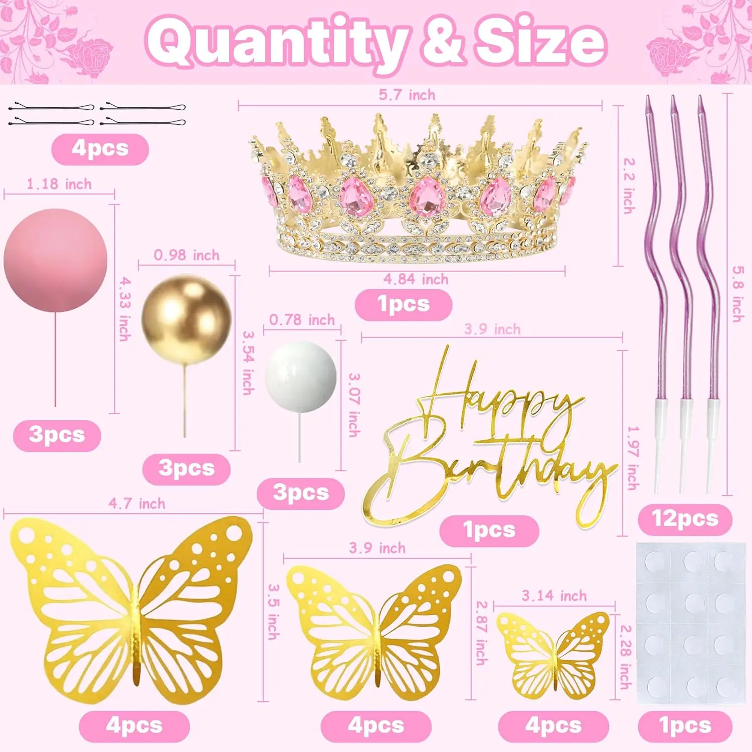 Kronen-Kuchenaufsatz, Kugeln, alles Gute zum Geburtstag, Kuchenaufsätze mit Kerzen, goldene Schmetterlinge, Kuchendekorationen für Hochzeit, Babyparty, Party – Detail 20