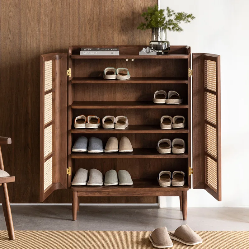 Nordic solid wood shoe cabinet, living room home storageshoe rack, simple storagelocker at home door, rattan entrancecabinet