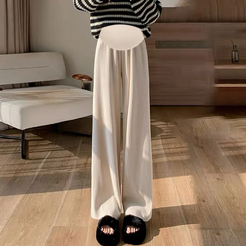 Pregnant Women Pants Knitted Wide Leg Trousers Pring Plush Thickened New Straight Tube Drape Casual Maternity Clothes