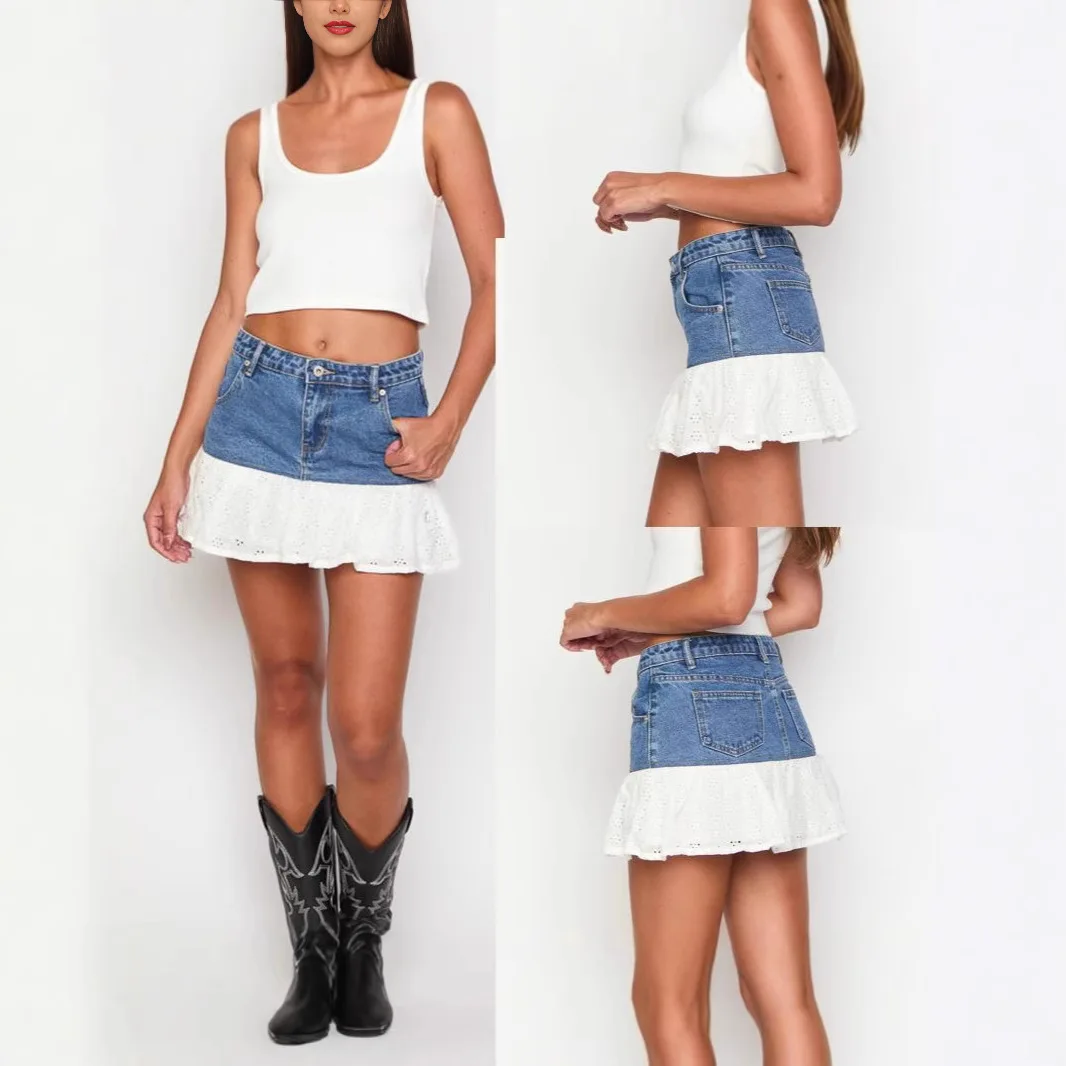 

Summer New Sweet Retro Lace Splicing A-Line Skirt High Waist Denim Short Skirt Women's Casual Princess Style Half-length...