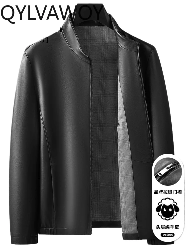 

QYLVAWOY Sheepskin Real Leather Men's Autumn Winter New Stand-Up Collar Leather Jacket Business Casual Branded Outerwear LJ2702