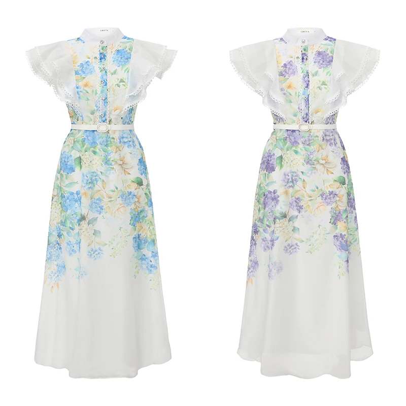 

Elegant Long Lace Dress Watercolor Print Vacation New Style Splicing Pleated Hem Short Sleeve Women's Dress Polyester Fiber