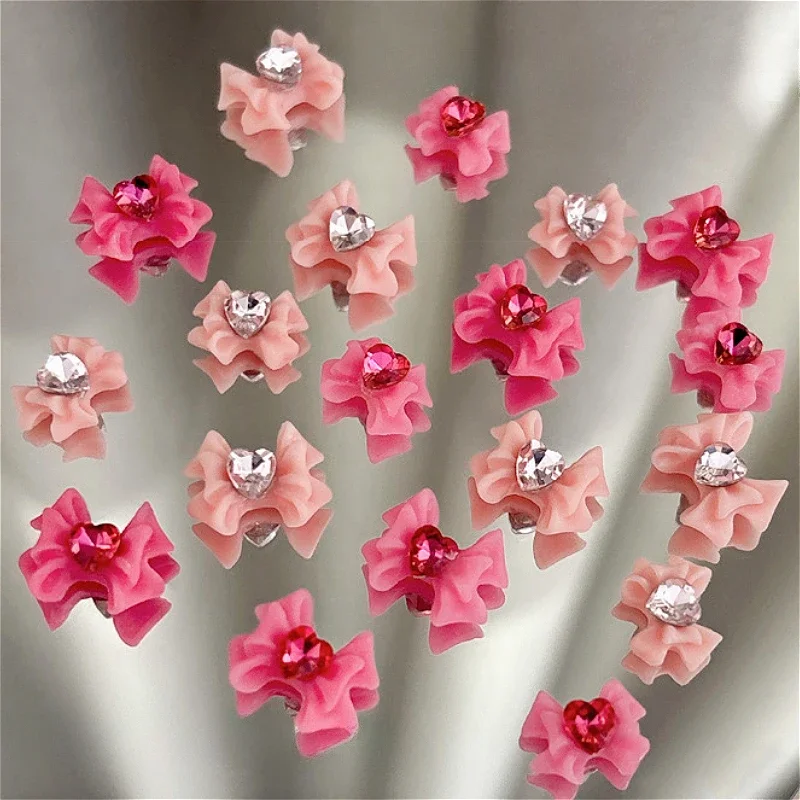 Korean Love Heart Rhinestone Crystal Bowknot Resin Bow Tie Leopard Nail Art Decorations Colorful Ribbon DIY Manicure Accessories