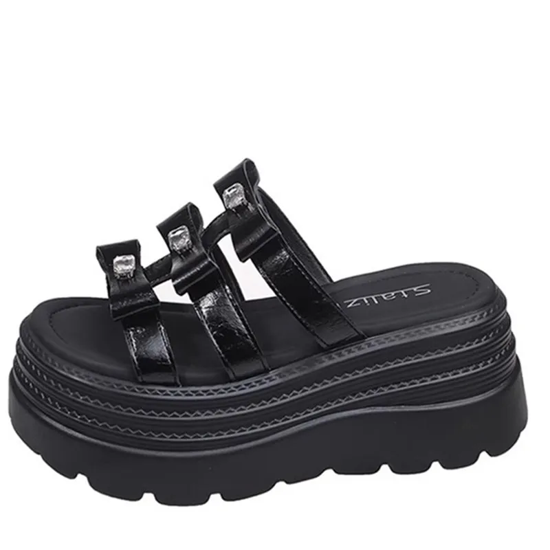 

8cm Microfiber Synthetic Leather Flats Summer Outside Peep Toe Women Sandal Slippers Woman Pumps High Platform Wedge Shoes