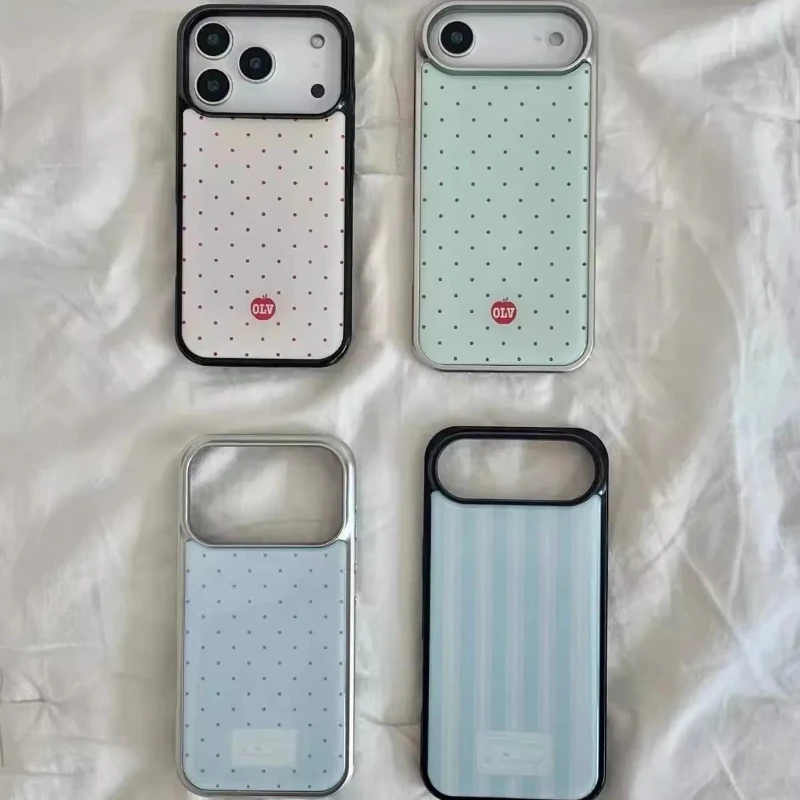 Padrão de grade ponto de onda coreano simples borda de prata epóxi anti-queda caso de telefone para iphone xr/11/12/13/14/15/16/17 pro max caso