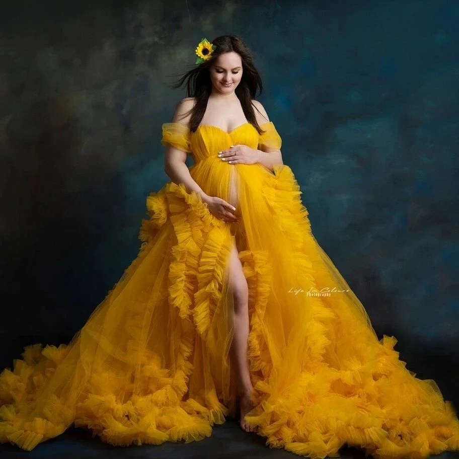 

Golden Yellow Ruffle Pregnant Dress Off The Shoulder Lush Split Maternity Dresses Layered Tulle Maternity Dress for Photoshoot