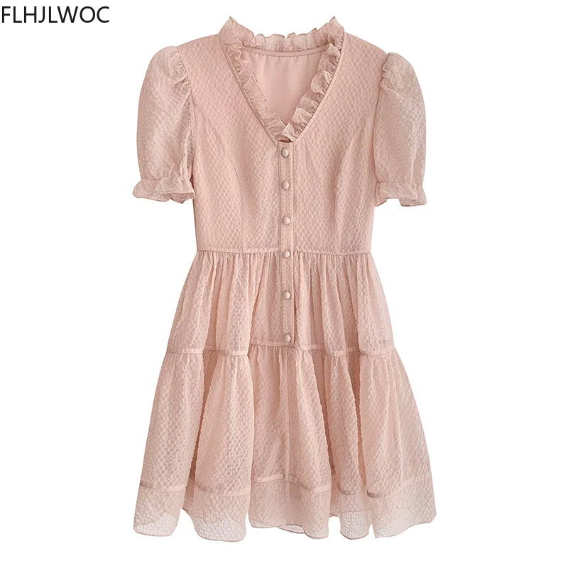 Korea Chic Dress 2022 Summer Holiday Date Girls V Neck Sweet Romantic Pink Women Lace-Up Ruffles Button Shirt Dresses