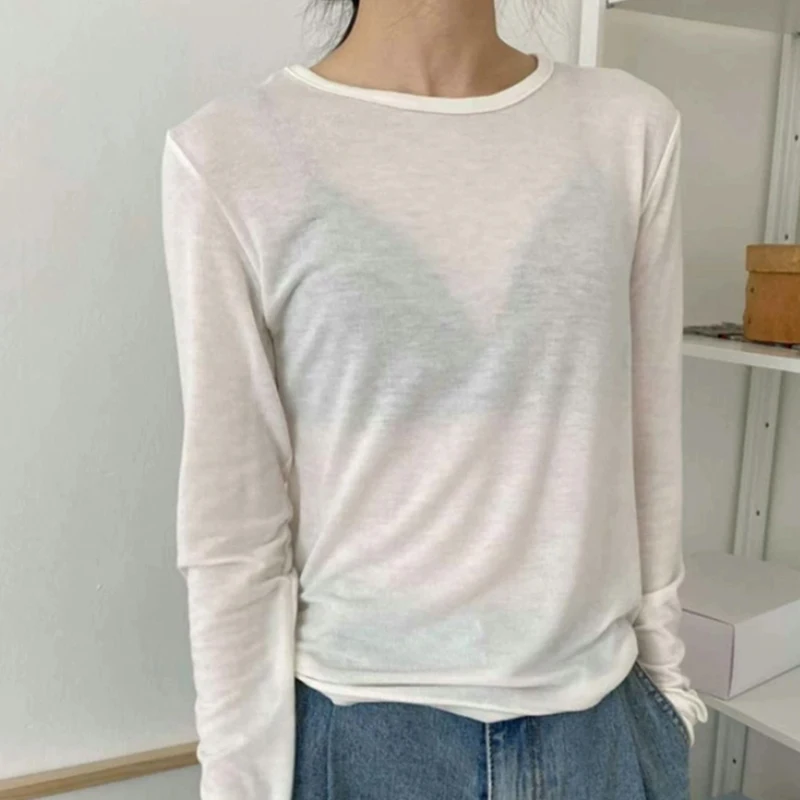 Plain T Shirt Women Elastic Basic T-Shirts Female Casual O-Neck Tops Autumn Long Sleeve Sexy Thin See Through Tee Shirt Femme