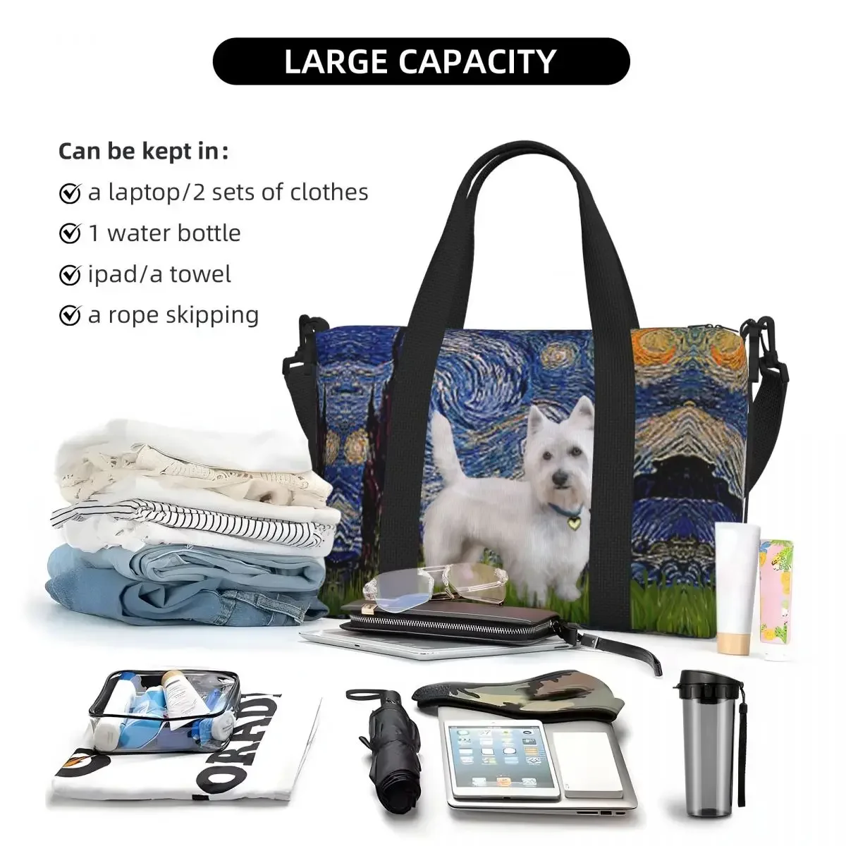 مخصص ليلة مرصعة بالنجوم ويست هايلاند جحر حمل حقيبة المرأة سعة كبيرة Westie الكلب فان جوخ الفن رياضة الشاطئ الكتف حقيبة سفر