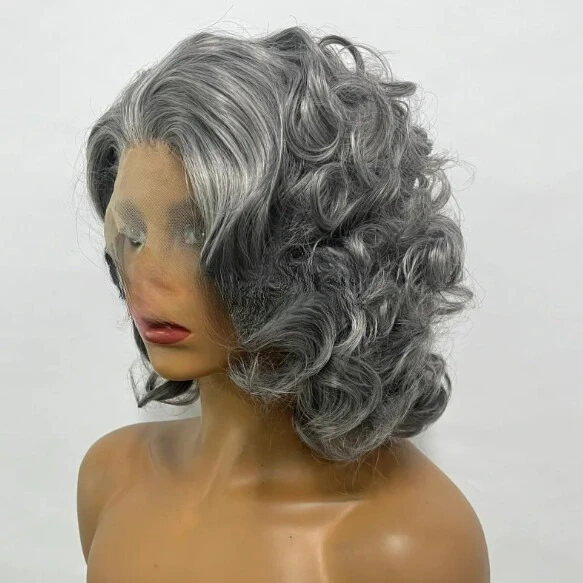 スチールグレーカールボブヘア合成レースフロントウィッグコスプレドラッグクイーンショートウィッグ