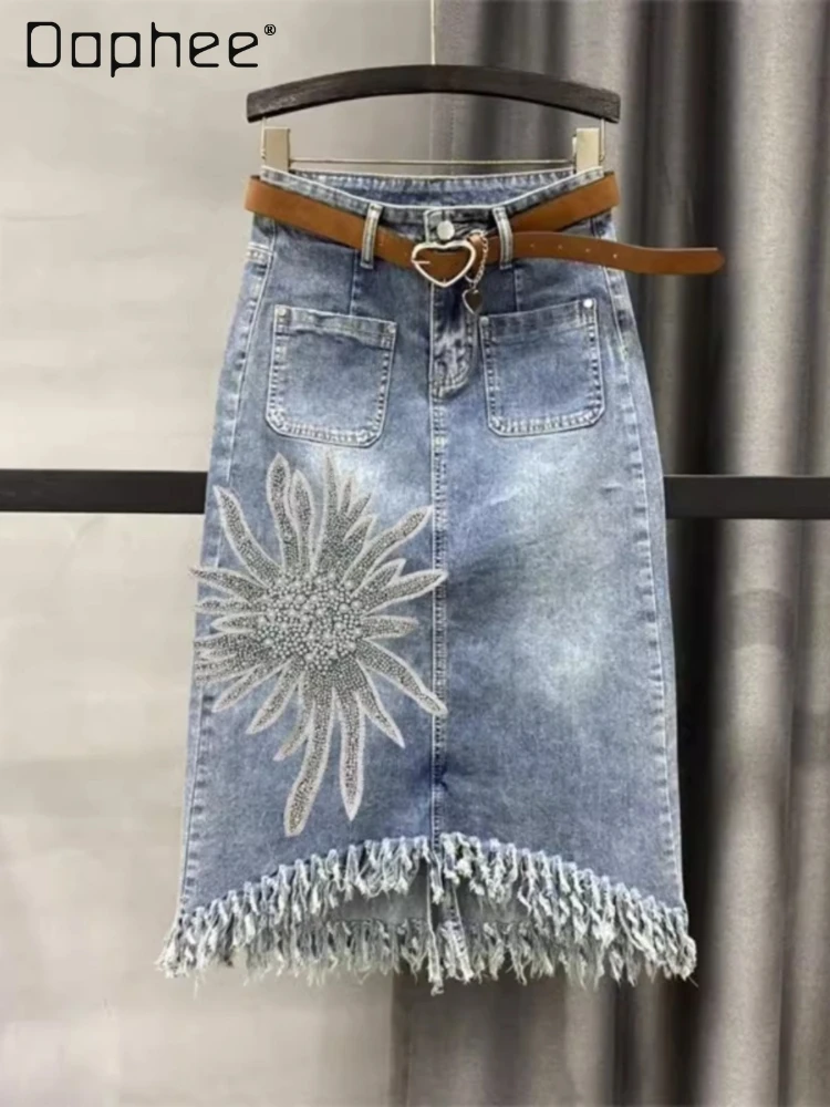 

Fashion Denim Beading Tassels Skirts Women Pearl Diamonds Flower High Waist A Line Irregular Jeans Skirt Female Streetwear