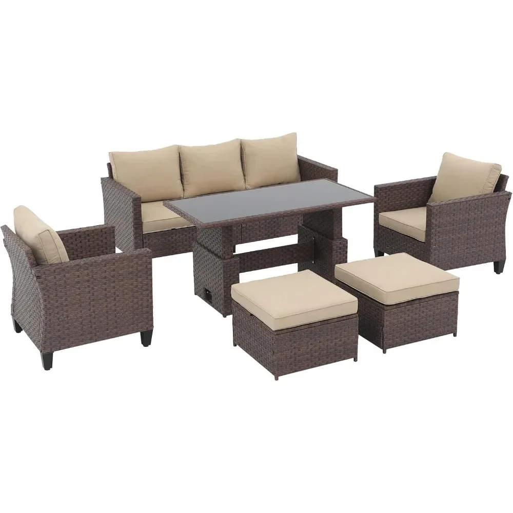 Outdoor Patio Furniture Set 6 Piece Wicker Conversation Set, Sit-Stand Coffee Table, 3 Seater Sofa with Ottoman