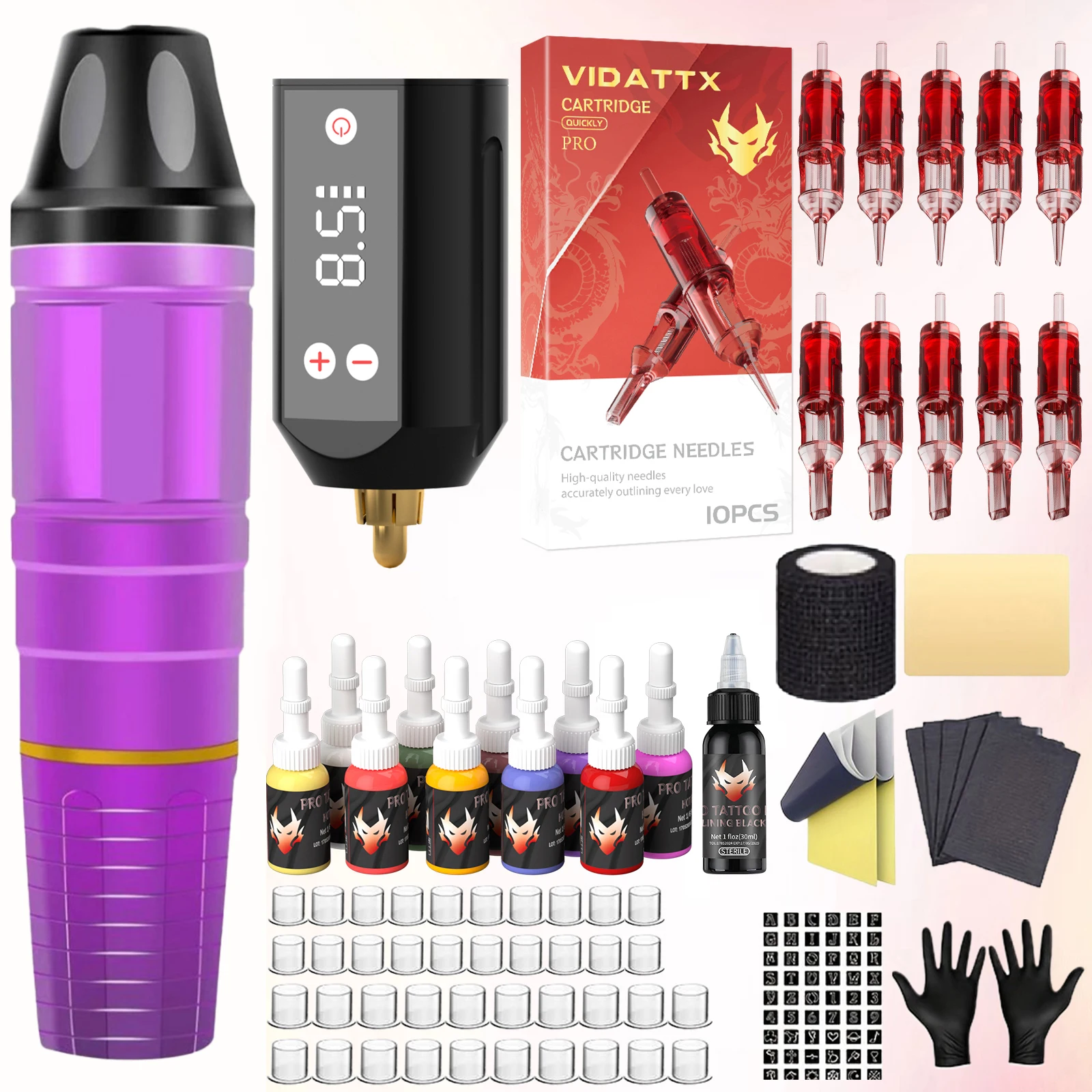 

VIDATTX Tattoo Kit Top Sale Tattoo Machine Kit Red 10Pcs Tattoo Needles Purple Wireless Tattoo Power Supply Tattoo Pen Kit