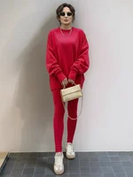 Women's Casual Loose Long Sleeve round Neck Split Top Sweatshirt Set with Tight Pants European & American Style Autumn/Winter - Image 5