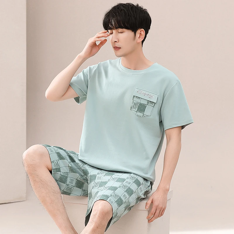 Summer Cotton Men Homewear Clothes Short Sleeve Round Neck Pajamas Set Casual Soft Loose L-3XL Mens Nightly Sleepwear