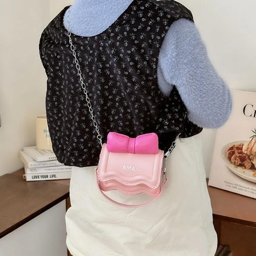 솔리드 컬러 미니 보우 크로스백 체인 스몰 스퀘어 백 스윗 숄더백 메신저백 동전 지갑 어린이 핸드백