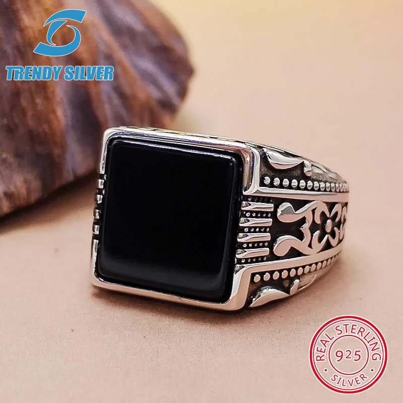 

luxury Mens Man rings real 925 sterling silver certified original jewelry for men natural gemstone black onyx stone ring male