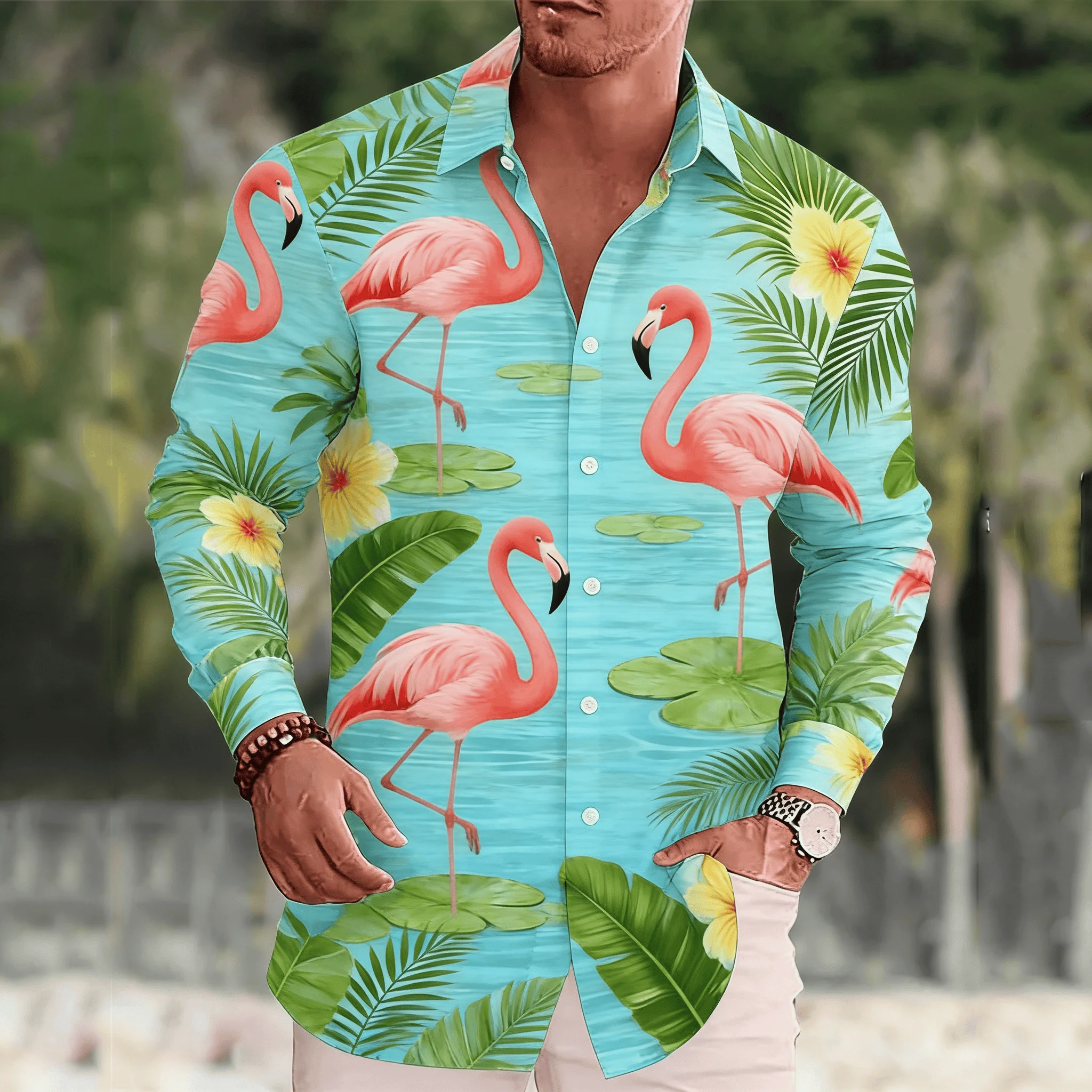

Men's Tropical Flamingo Print Lapel Shirt, Spring Summer Hawaiian Style Casual Top, Floral & Leaf Pattern