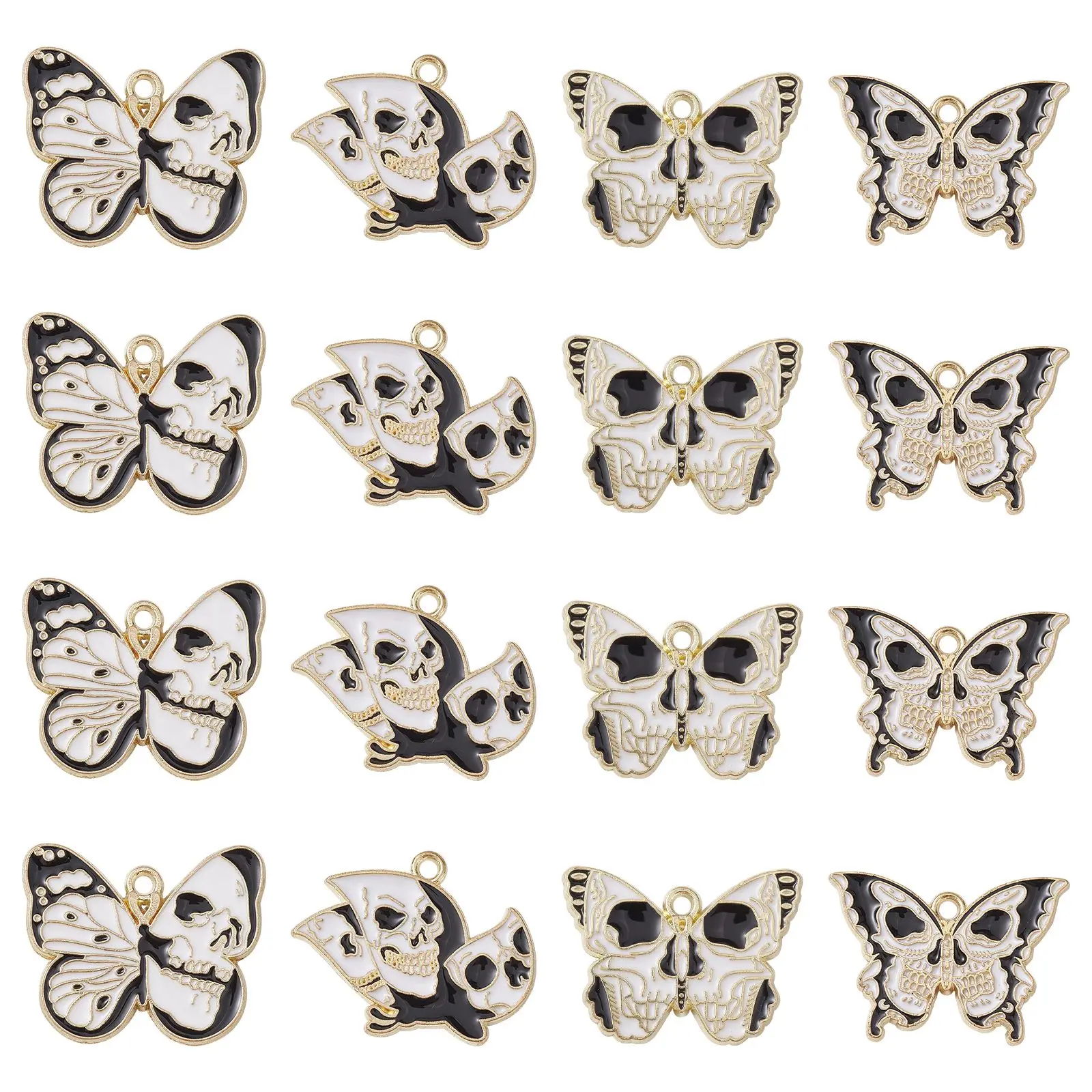 20Pcs 4 Styles Enamel Skull Butterfly Charms Black and White Butterfly Charms Halloween Gothic Skull Pendants for Jewelry Making