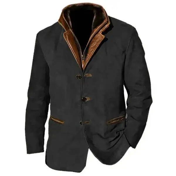 2025 Men's Spring Autumn Fashion Retro Jacket, New European And American Style Lapel Workwear Patchwork Contrast Color Coat