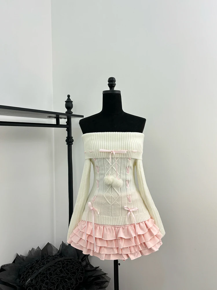 Jesień Zima Kobiety Coquette Ballet Core Shoujo Outfits 2-częściowy zestaw z długim rękawem Off Shoulder Pullovers Sweter + Gyaru Mini spódniczki