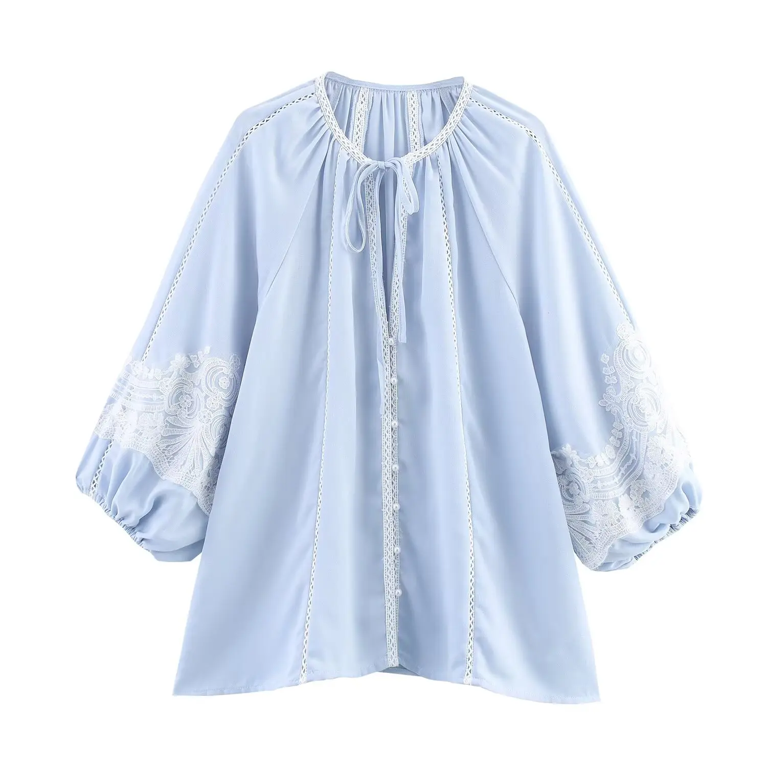 

Korejepo New Women Clothing European American Style Fashionable Simple Lace Lantern Sleeve Round Neck Shirt Top
