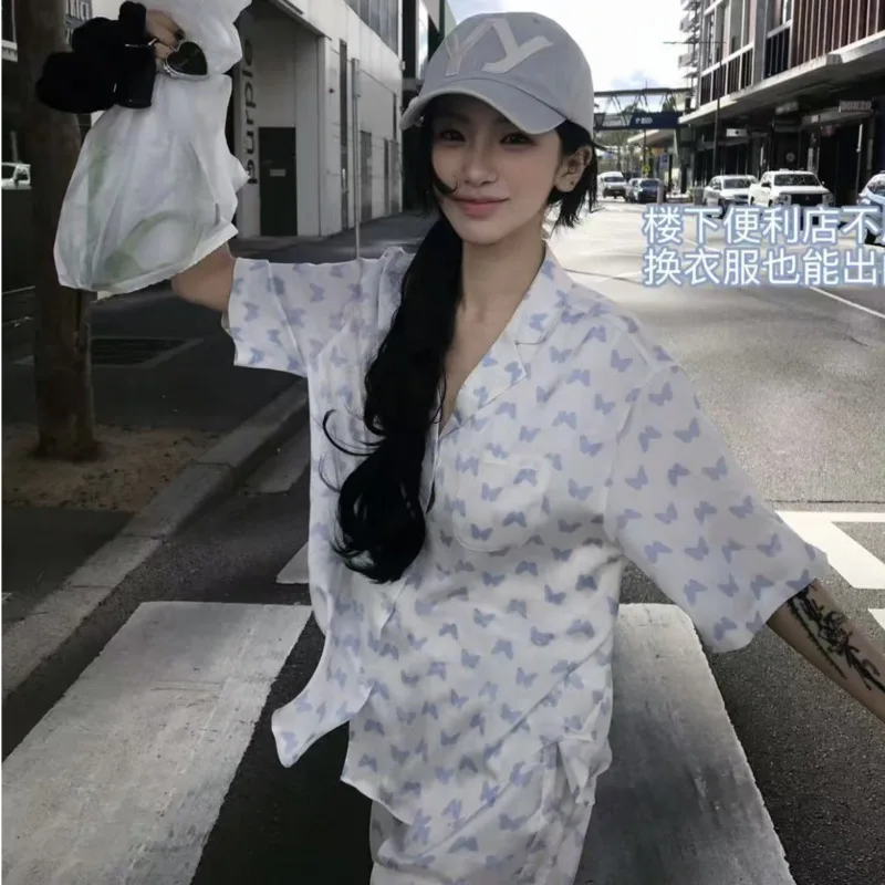 26 Spring Summer Blue Butterfly Ice Silk Women Girl Pajamas Turn-down Collar Cute Sweet Print Short Sleeve Pant Nightgown Nighty