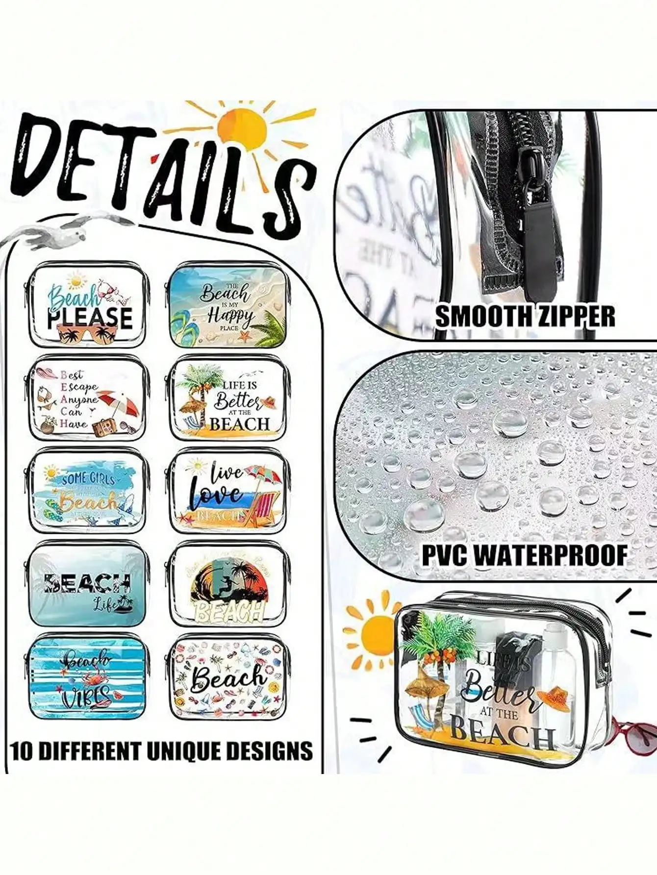 1 Pcs Beach Please Print Clear PVC Cosmetic Bag Summer Beach Pattern Transparent Makeup Toiletry Storage Pouch With Zipper