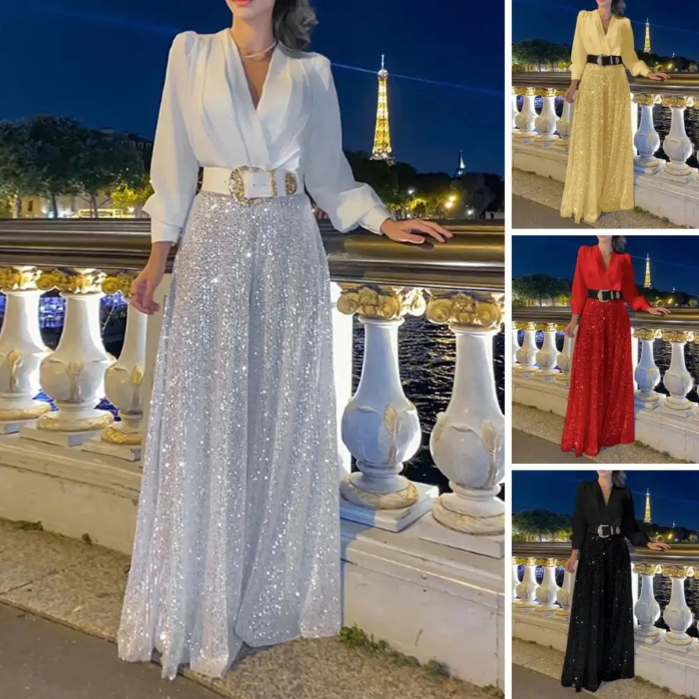 Loose Fit Jumpsuit Elegant Sequin V Neck Jumpsuit with Belt for Women Wide Leg Slim Waist Long Sleeves for Formal Occasions Prom