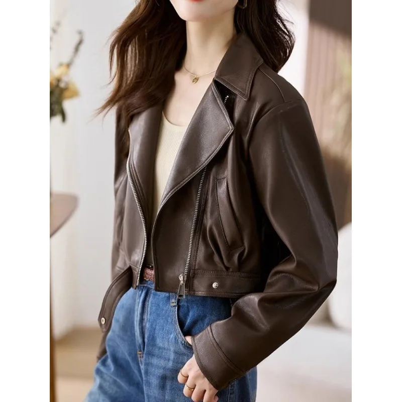 2023 Women Vintage Loose Pu Faux Leather Short Jacket with Belt Streetwear Female Zipper Retro Moto Biker Coat Outwear Tops