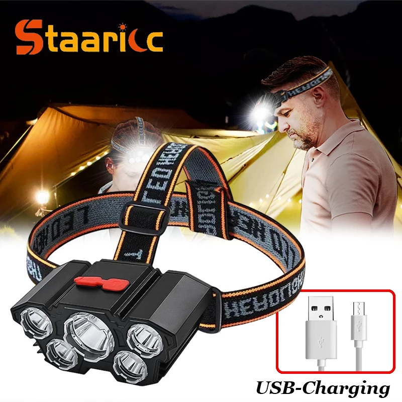 USB Rechargeable LED Headlight Waterproof Head-Mounted Flashlight Night Fishing Hiking Headlamp(5led)