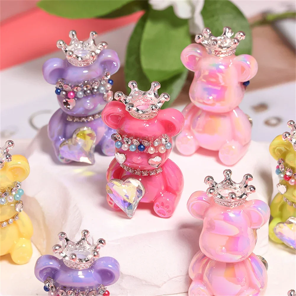 ST34 1pcs Fashionable Trendy Beads 3D Crown Bear Acrylic Cute Cartoon Bears Through Hole Beads DIY Mobile Phone Chain Beads