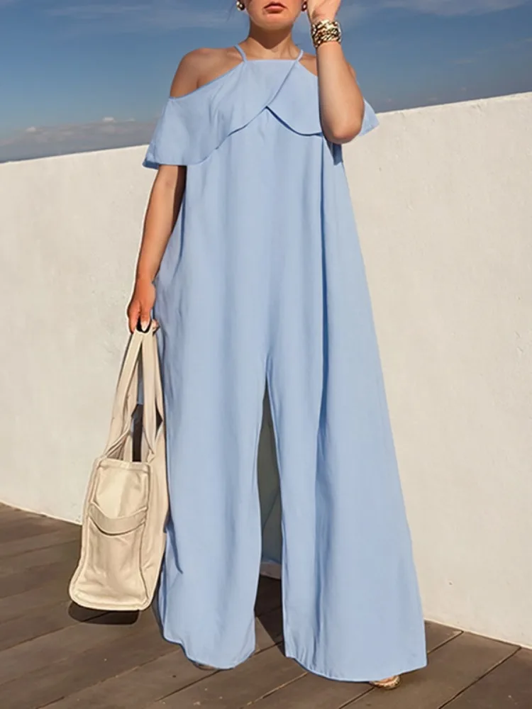 Freeacy 2024 Kombinezon dla kobiet Cold Shoulder Halter Jumpsuit Solid Color High Waist Loose Fit Wide Leg Pleated One-piece Suit