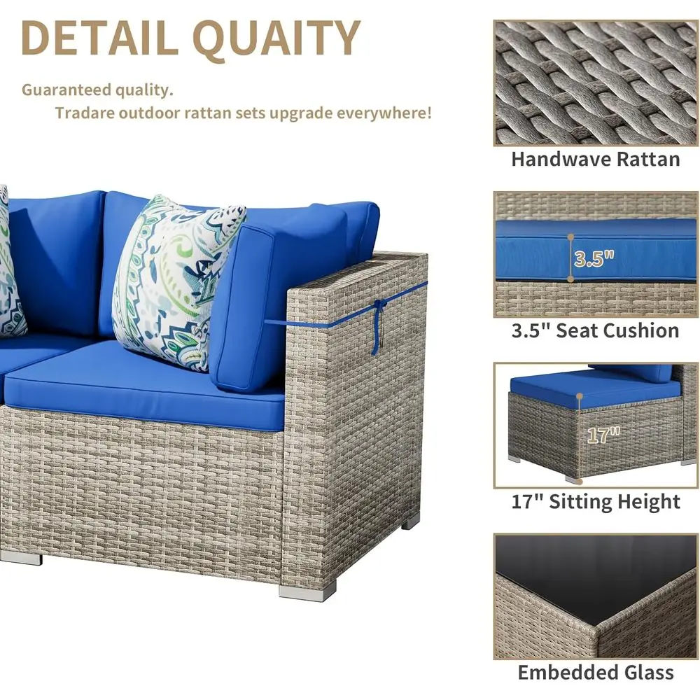 Weather-Resistant Grey 2-Piece Outdoor Wicker Sofa Set with Blue Cushions