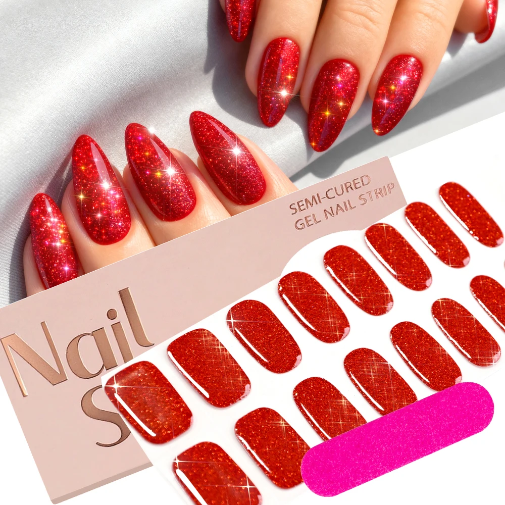 16 punte adesivi per unghie in gel glitter rosso natalizio strisce per unghie semi-indurate UV/LED copertura completa involucri adesivi per smalto + 1 lima per unghie
