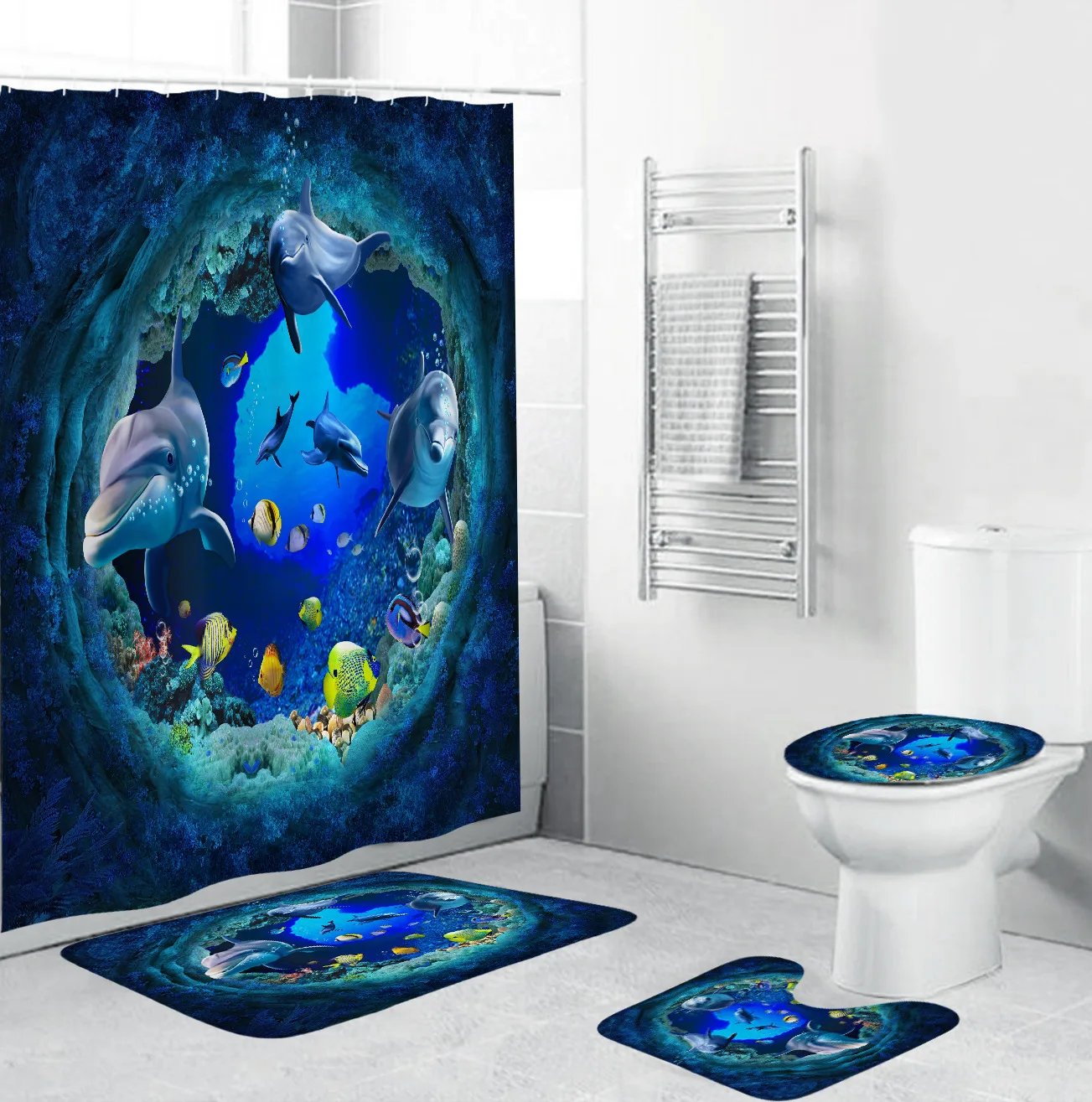 Fashion 3D Dolphin Shower Curtain Set Animal Bear Green Plant Waterproof Fabric Bath Decor With Hooks Bathroom Curtains