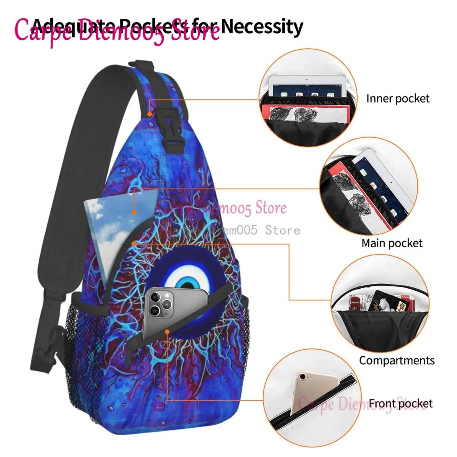 Navy Blue And Aqua Nazar Evil Eye Lucky Charm Sling Crossbody Chest Bag Men Shoulder Backpack for Hiking