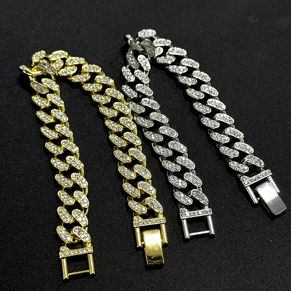 20cm AAA Stone Bling Cuban Chain Bracelets For Men Hand Chain Women Iced Out Chains Gold Silver Color Hip Hop Goth Jewelry