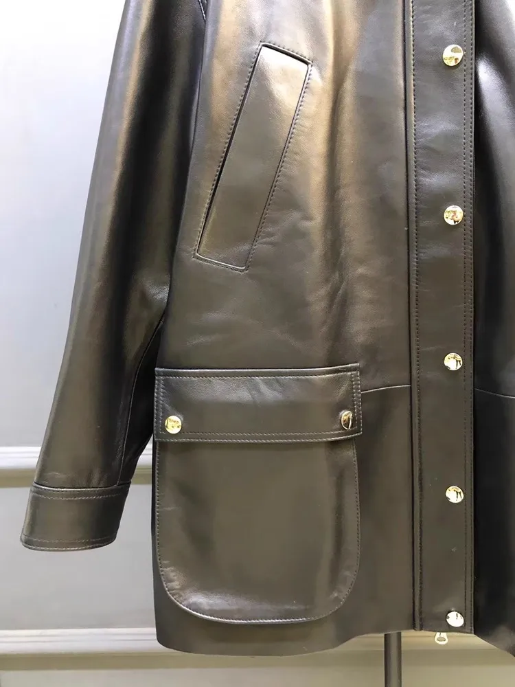 Top Qualität Aus Echtem Leder Frauen Jacke Frühling Herbst Neue Gerade Echt Schaffell Einreiher Turndown Kragen Mid Lange Mantel