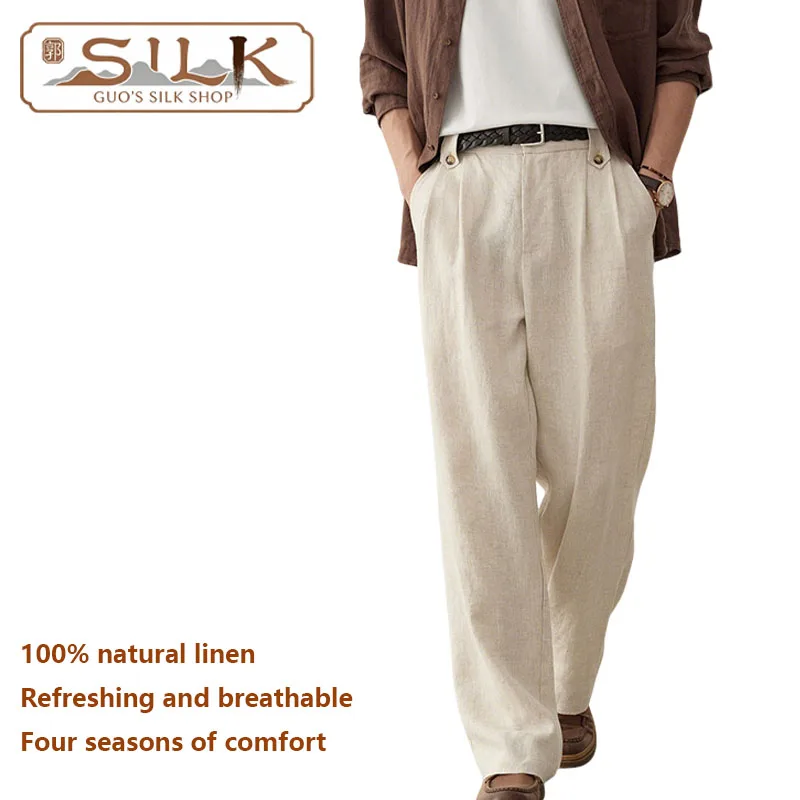 

Элегантные мужские брюки из высококачественного натурального льна, с эластичным поясом, прямого кроя, подходят для делового повседневного стиля