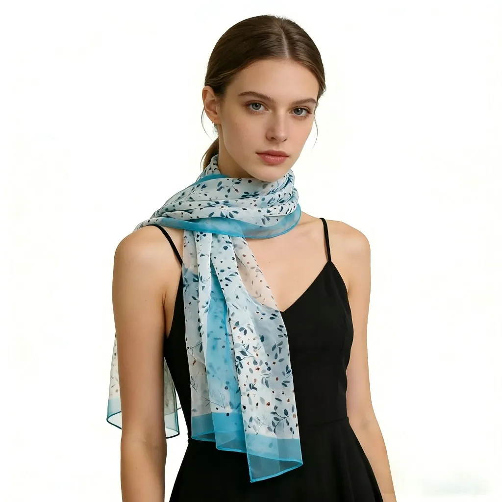 Summer Chiffon Scarf Women Ditsy Floral Print Georgette Shawl 160x50cm Lightweight Sun Protection Long Neck Scarf Beach Wrap