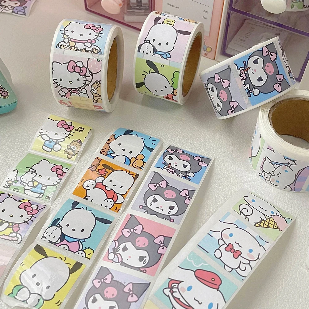 200/500pcs Cute Funny Cartoon Aesthetic Stickers Roll Kuromi Melody Kawaii Phone Decoration DIY Thank You Roll Sticker Kids Toys