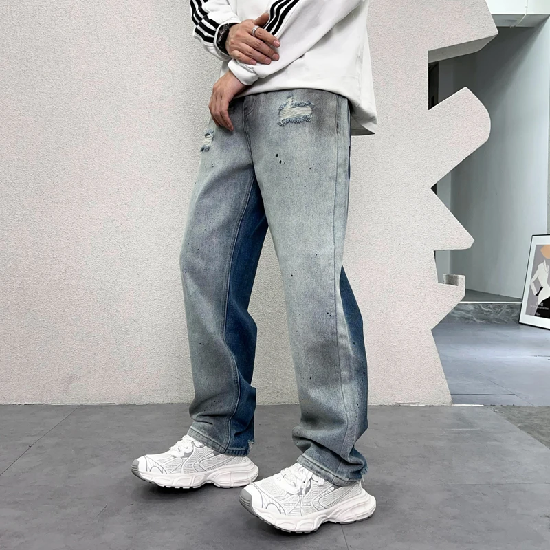 New fashionable MEN'S pants with fashionable print design hip-hop loose straight leg blue casual youth street jeans